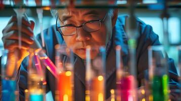 AI generated Scientist Carefully Pouring Liquid in Lab Setting with Various Glassware in Background photo