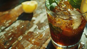 AI generated Refreshing Morning Glow Iced Tea with Lemon and Mint on Rustic Wooden Table photo