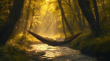 ai generado tranquilo bosque claro dorado luz de sol amable corriente balanceo hamaca imponente arboles brumoso ambiente para tranquilo autorreflexión foto