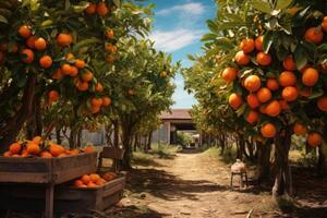 ai generado abundante naranja árbol granja. generar ai foto