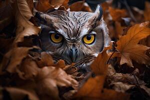AI generated Mysterious Owl leaves forest nature. Generate Ai photo