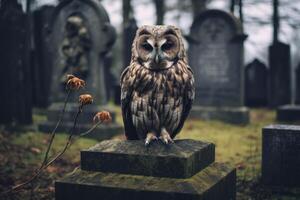 AI generated Brooding Owl sitting on cemetery stone tomb. Generate ai photo