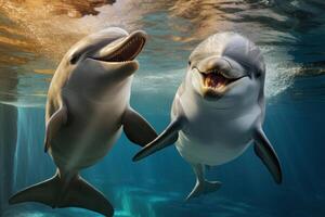 AI generated Synchronized Pair loving dolphins. Generate Ai photo