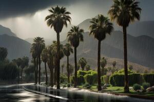 AI generated Majestic Tropical palm on mountain in rainy weather. Generate ai photo