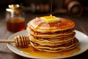 AI generated Sweet Pancakes honey. Generate Ai photo