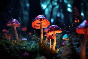 AI generated Glowing Neon light mushroom. Generate Ai photo