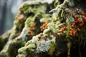 AI generated Weathered Overgrown lichen stone. Generate Ai photo