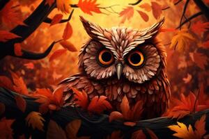 AI generated Mysterious Owl leaves forest autumn. Generate Ai photo