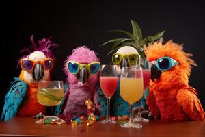 AI generated Festive Parrots party glasses. Generate Ai photo