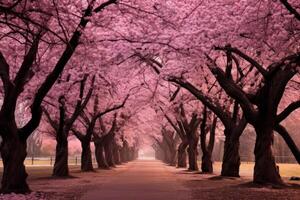 AI generated Tranquil Park pink trees bench. Generate Ai photo