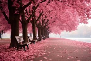 AI generated Serene Park pink trees leaves. Generate Ai photo