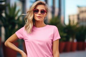 AI generated High-quality Pink tshirt mockup female. Generate Ai photo