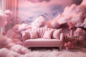 AI generated Vibrant Pink clouds room. Generate Ai photo