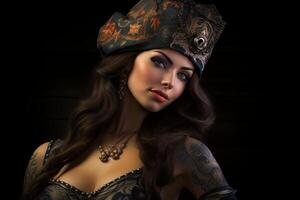 AI generated Intricate Pirate queen portrait tattooed. Generate Ai photo