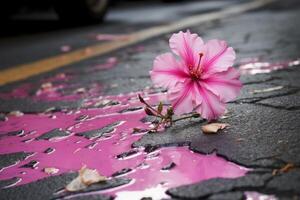 ai generado inesperado rosado flor asfalto. generar ai foto