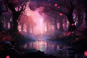 AI generated Mystical Pink night forest. Generate Ai photo