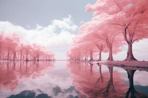 AI generated Enchanting Pink magical forest lake. Generate Ai photo