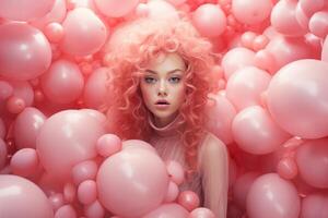 AI generated Charming Lady with pink balloons background. Generate AI photo