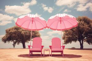 ai generado único rosado playa surrealista sombrilla. generar ai foto