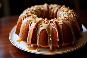 ai generado aromático bundt pastel cubierto con derritiendo maní. generar ai foto