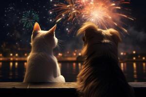 ai generado vistoso perro gato fuegos artificiales. generar ai foto