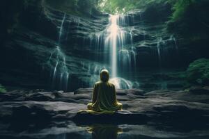 AI generated Contemplative Person meditation waterfall. Generate Ai photo