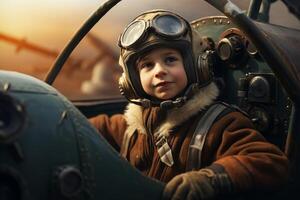 ai generado imaginativo piloto niño aeronave. generar ai foto