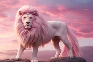 AI generated Majestic White lion head pink background. Generate Ai photo