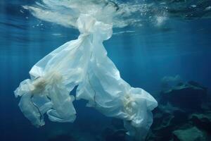 AI generated Polluted Plastic bag sea underwater. Generate Ai photo