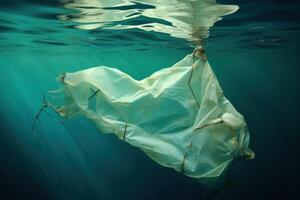 ai generado contaminado el plastico bolso Oceano submarino. generar ai foto