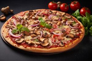 AI generated Savory Pizza with mushroom and bacon. Generate Ai photo