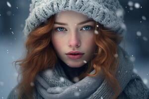 AI generated Serene Woman portrait in winter cloth portrait view. Generate Ai photo