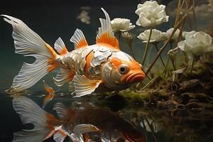 AI generated Tranquil Pond goldfish lotus nature. Generate Ai photo