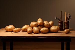 AI generated Sturdy Potatoes wooden table. Generate Ai photo