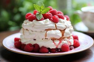 AI generated Sweet Pavlova cake raspberries. Generate Ai photo