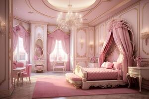 AI generated Charming Princess pink royal bedroom. Generate Ai photo