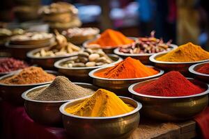 AI generated Exotic Colorful powder spices. Generate Ai photo