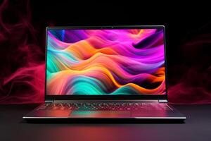 AI generated Vibrant Laptop product photo with abstract screen display. Generate ai