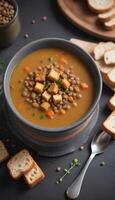 AI generated Photo Of Lentil Soup With Croutons. AI Generated