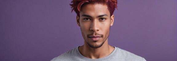 AI generated Midshot Portrait Photo Of A Blissful Handsome Male Model With A Red Hair Isolated On A Purple Background With Copy Space Banner Template. AI Generated