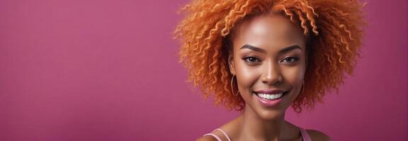 AI generated Midshot Portrait Photo Of A Enthusiastic African American Beautiful Female Model With A Orange Hair Isolated On A Fuchsia Background With Copy Space Banner Template. AI Generated