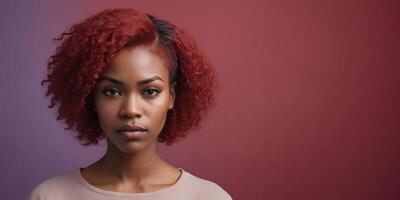AI generated Photo Of A Remorseful African American Woman Model With A Red Hair Isolated On A Flat Blurred Mediumvioletred Background With Copy Space Banner Template. AI Generated