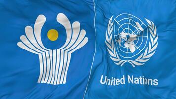 Commonwealth of Independent States, CIS and United Nations, UN Flags Together Seamless Looping Background, Looped Bump Texture Cloth Waving Slow Motion, 3D Rendering video