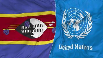 eswatini et uni nations, ONU drapeaux ensemble sans couture boucle arrière-plan, en boucle bosse texture tissu agitant lent mouvement, 3d le rendu video