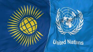 Commonwealth of Nations and United Nations, UN Flags Together Seamless Looping Background, Looped Bump Texture Cloth Waving Slow Motion, 3D Rendering video