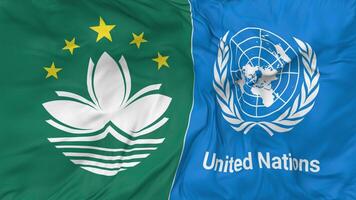 China Macau, Macao and United Nations, UN Flags Together Seamless Looping Background, Looped Bump Texture Cloth Waving Slow Motion, 3D Rendering video