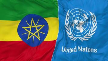 Ethiopia and United Nations, UN Flags Together Seamless Looping Background, Looped Bump Texture Cloth Waving Slow Motion, 3D Rendering video