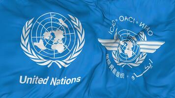 International Civil Aviation Organization, ICAO and United Nations, UN Flags Together Seamless Looping Background, Looped Bump Texture Cloth Waving Slow Motion, 3D Rendering video