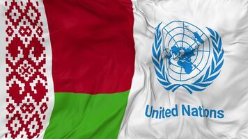 Vitryssland och förenad nationer, fn flaggor tillsammans sömlös looping bakgrund, looped stöta textur trasa vinka långsam rörelse, 3d tolkning video