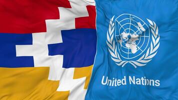 Artsakh and United Nations, UN Flags Together Seamless Looping Background, Looped Bump Texture Cloth Waving Slow Motion, 3D Rendering video